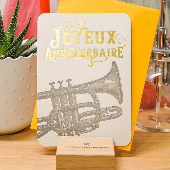 Carte Letterpress Joyeux Anniversaire Trompette (avec enveloppe)