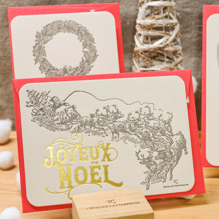 Letterpress Greeting Card Joyeux Noël Santa's sleigh (with envelope)