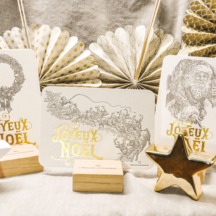 Letterpress Greeting Card Joyeux Noël Santa's sleigh (with envelope)